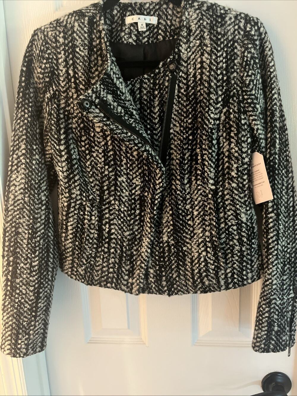 CAbi Blazer Jacket Sz 4 Black And White Tweed Moto Mockingbird Coat NWT